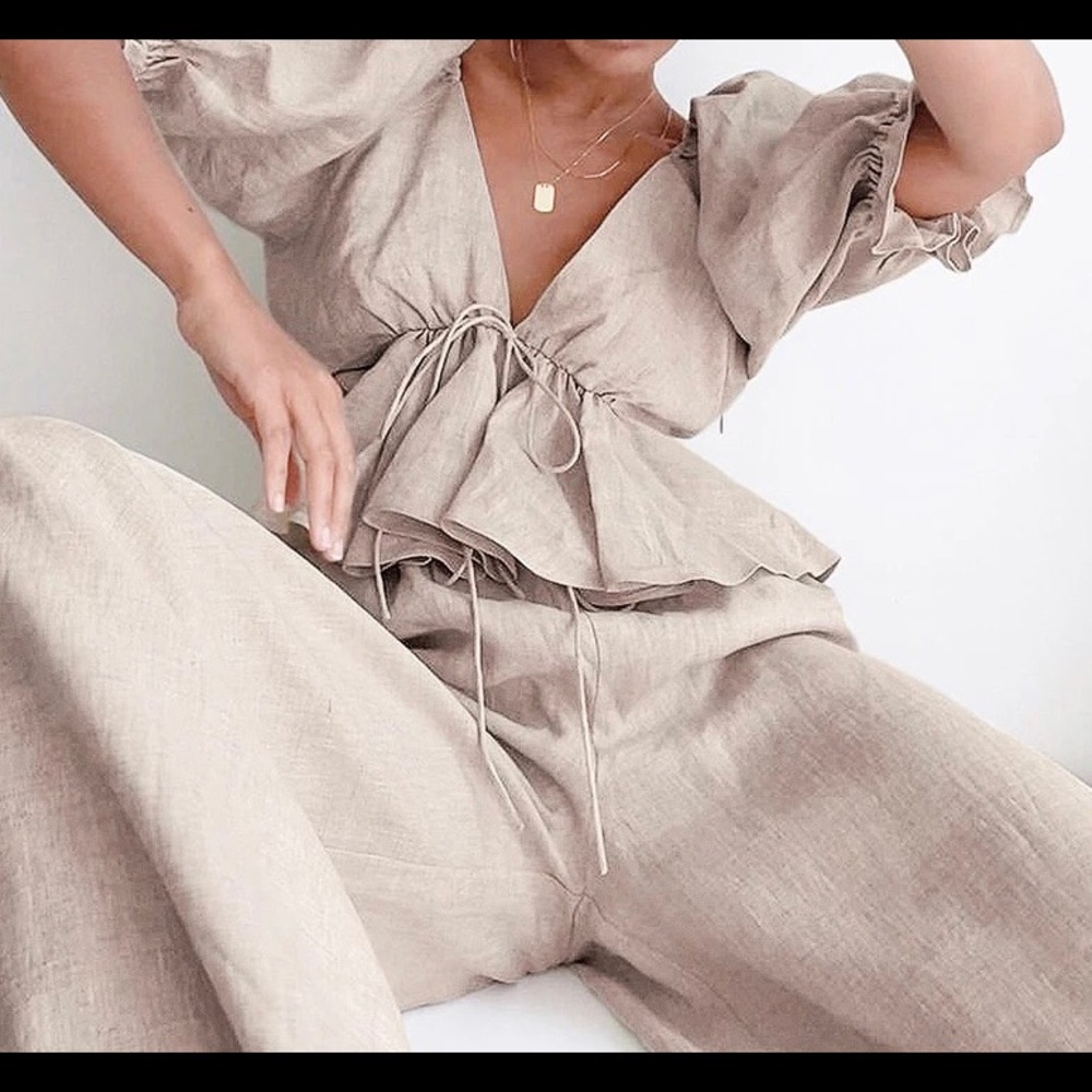 Top T-Shirt puff sleeve peplum khaki linen cotton linen - Picture 8 of 8
